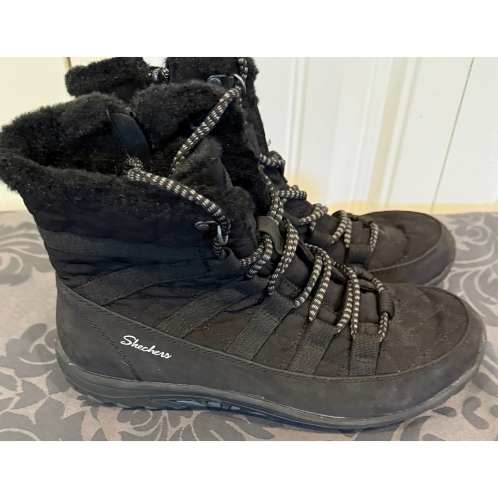 Skechers Women's Black Winter Boots Size 7 Fur Lined Lace Up Side Zip Cozy - Picture 3 of 6